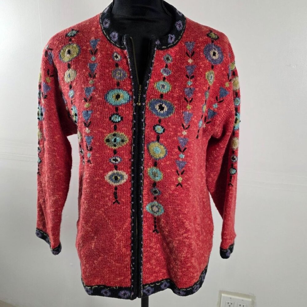 Vintage Icelandic Design Jacket Sweater Women's S/M Floral Embroidered Zip Pocke